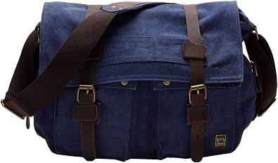 Berchirly Military Men 14.7Inch Laptop Messenger Bag Canvas Leather Travel Shoulder Bags, Army Green, L-14.7