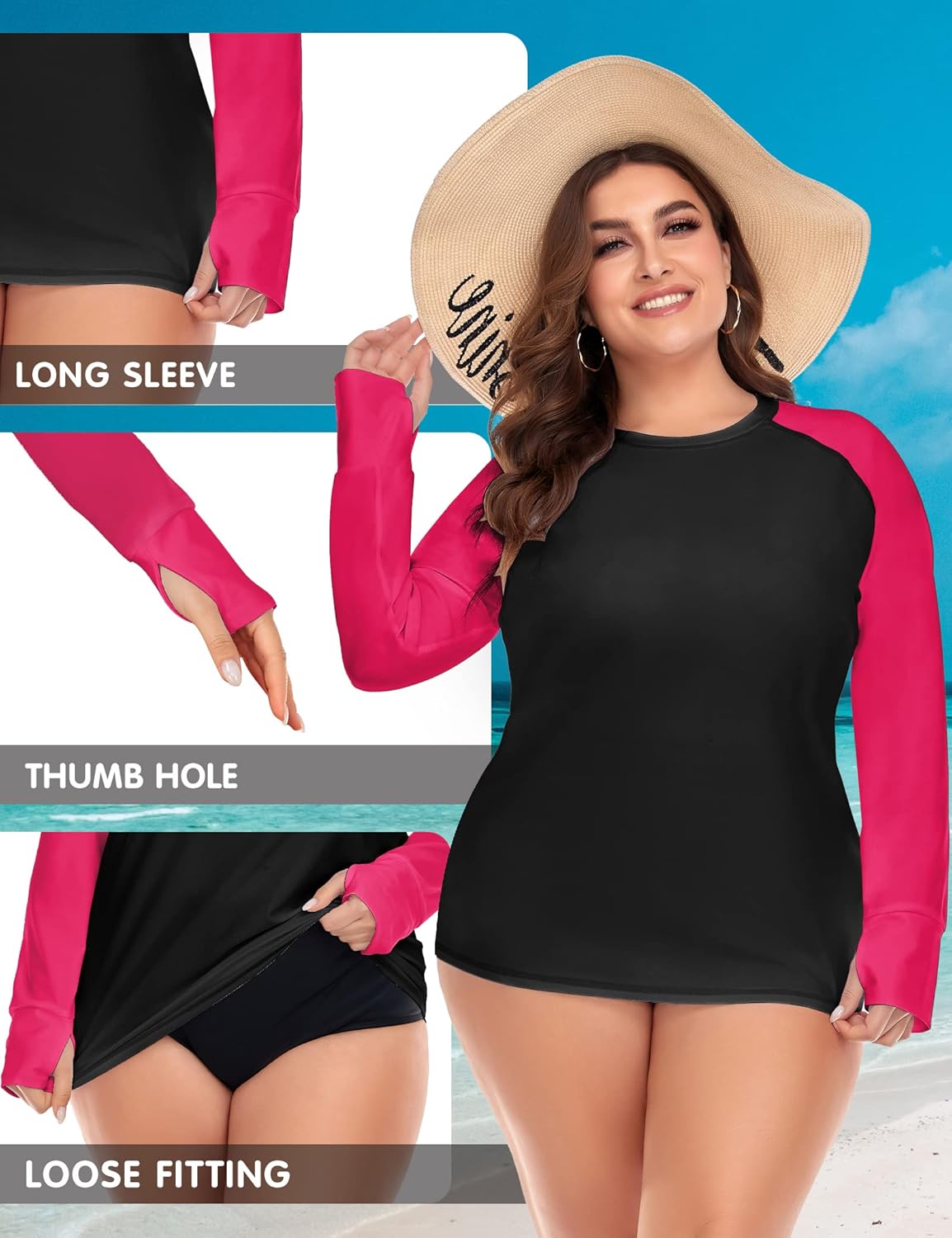 FOREYOND Plus Size Rash Guard Shirts for Women Long Sleeves UPF 50+ Sun Protection Loose Fit Swimming Tops Swimwear - Image 4