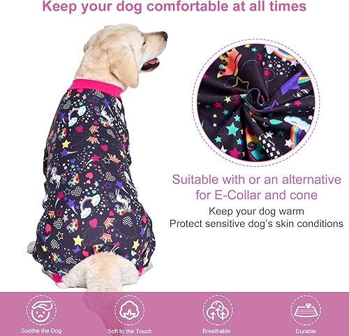 Miniatura 3 de LovinPet Pijama grande Pitbull ropa para perro para cuidado de heridasposcirugía, camisa para perro grande, estampado negro de arcoíris de
