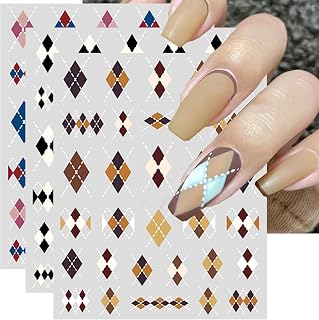 Square Nail Stickers Diamond Grid Decals for Nail Art Brown Chessboard Nail Art Design 5D Embossed Daily Nails Supplies Black Grid Nails Art Accessories for Women Winter DIY Manicure Decoration 3 Pcs