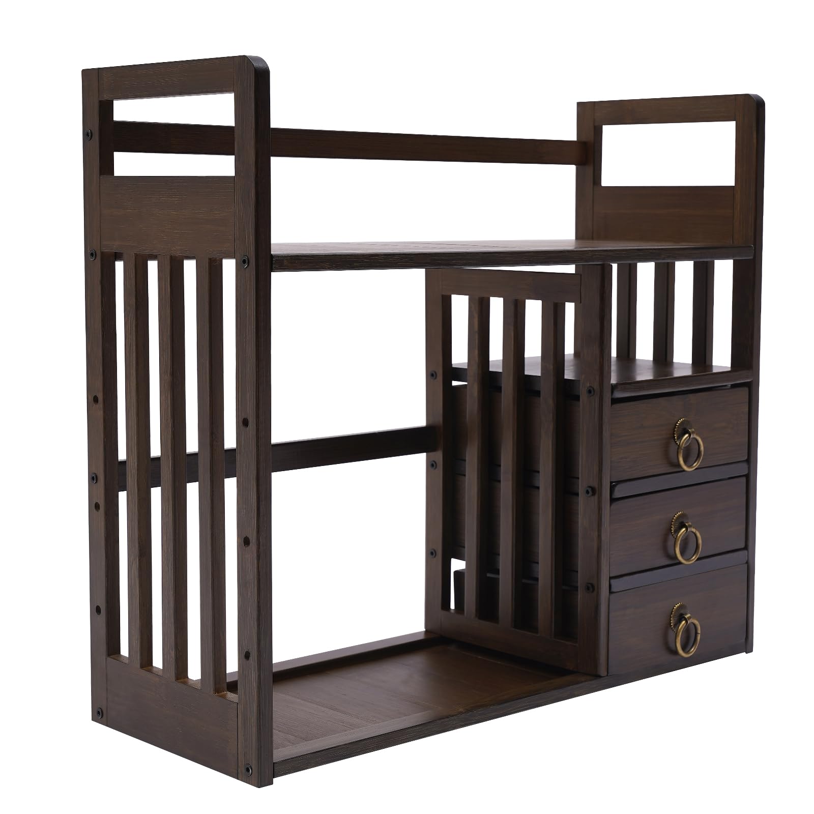 anezdbozr Bamboo Bookshelf, Desktop Organizer Office Desk Rack Storage Shelves, with 3 Drawers, Desktop Shelves Office Shelves for Office Supplies,