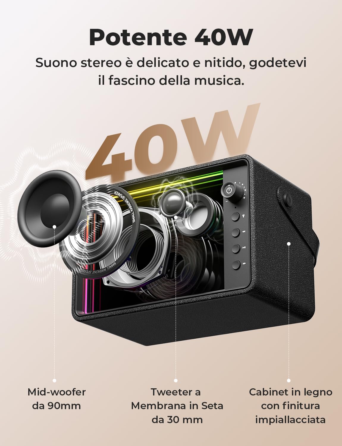 RIENOK Cassa Bluetooth Potente 40W Woofer 90mm Tweeter Seta 30mm, RGB, 15H | Bass-Reflex Posteriore, Vero Stereo Wireless, Ricaricabile, Supporta USB/TF/AUX, per Smartphone/ Casa/ Regalo