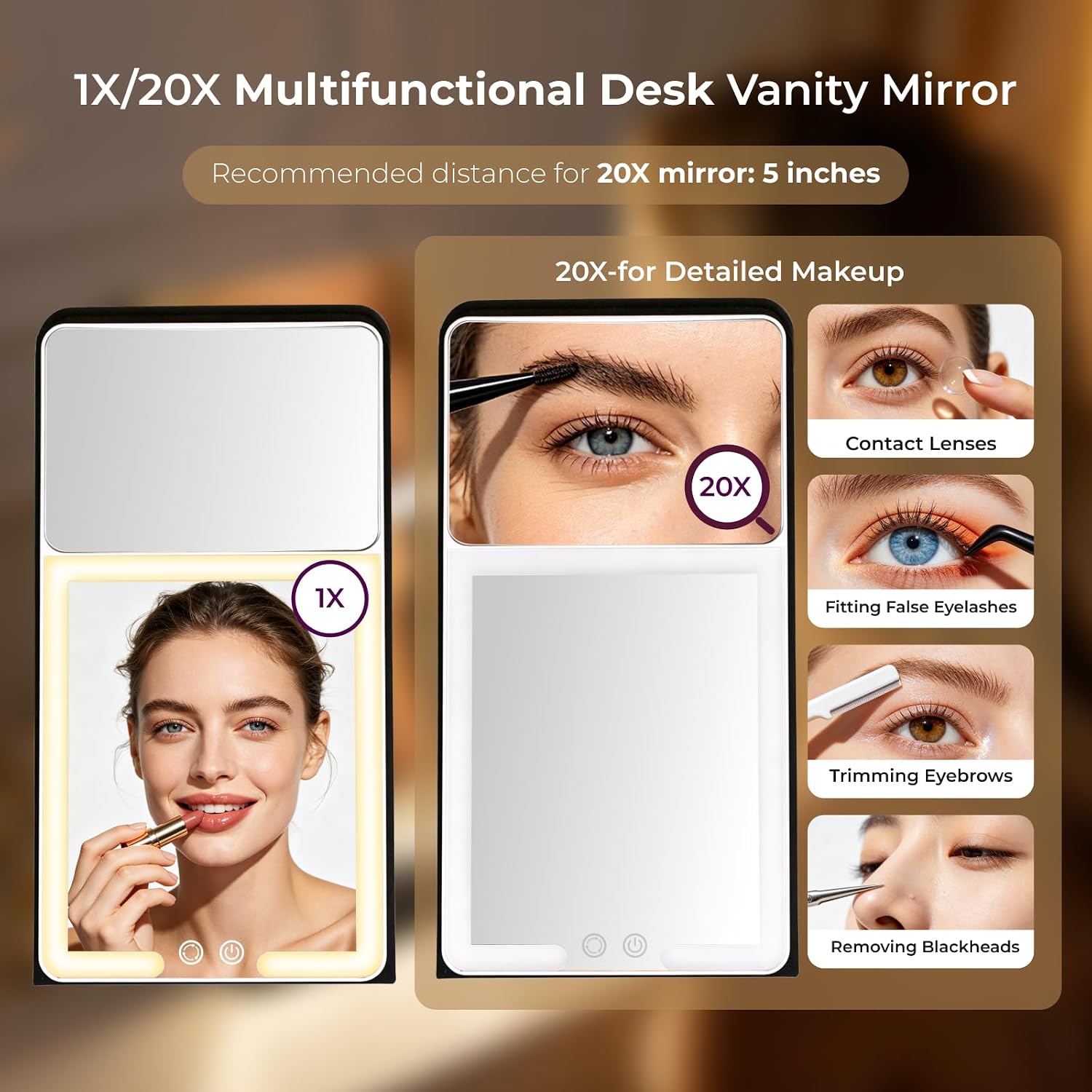 Travel Makeup Mirror with Lights and Built-in 20X Magnification, Portable LED Vanity Mirror with Leather Folding Cover, 3-Color Dimmable, USB-C Rechargeable Desk Mirror, Gifts for Women (Black)