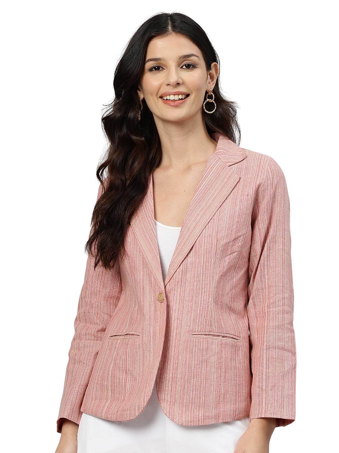 Women Pink Striped Long Sleeves Single-Breasted Pure Cotton Casual Blazer
