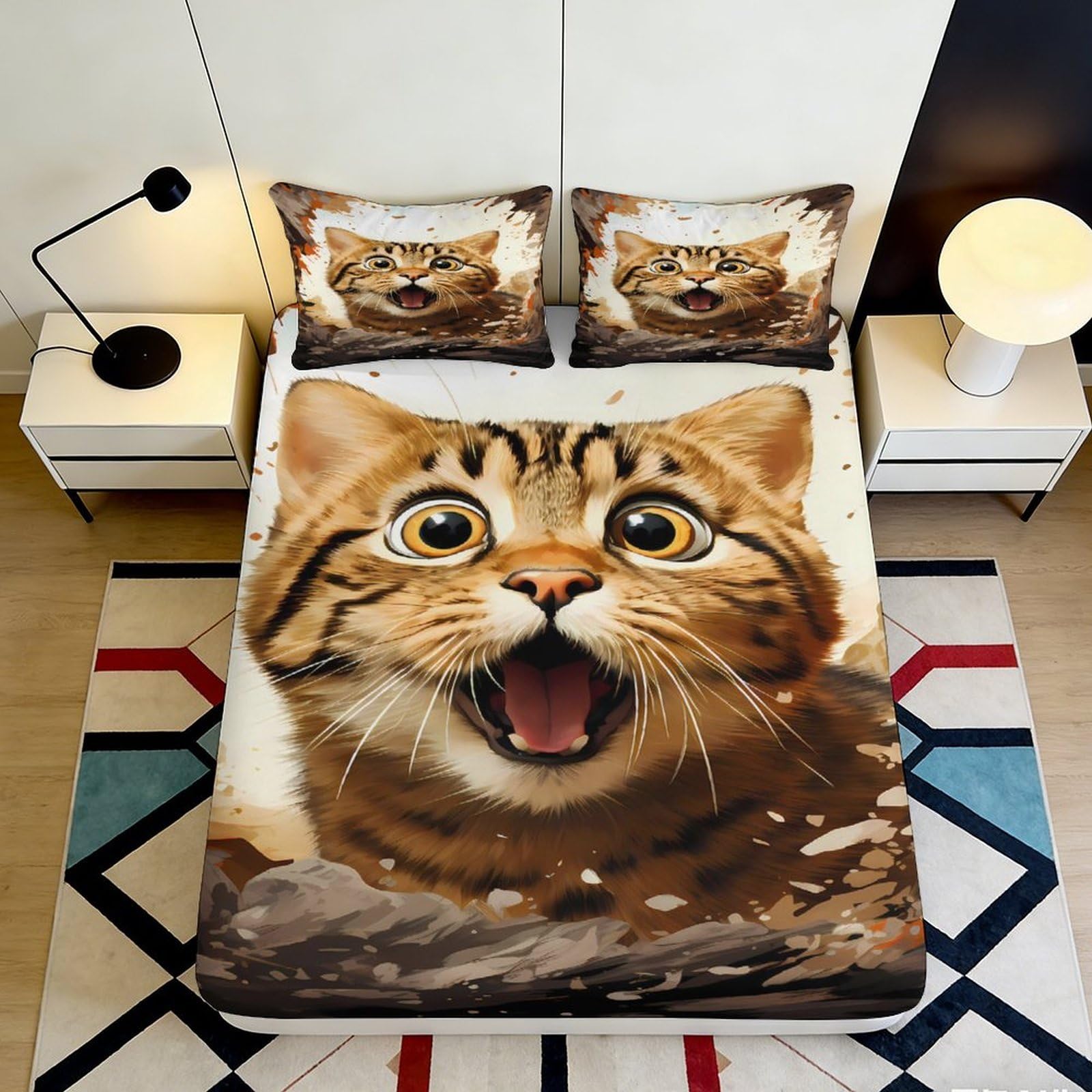 3D Printed Surprised Cat Fitted Sheet Microfiber Soft Anti-Slip Mattress Cover for Bedroom Guest Room Decor, Easy Care 120x200cm 90x200x25cm
