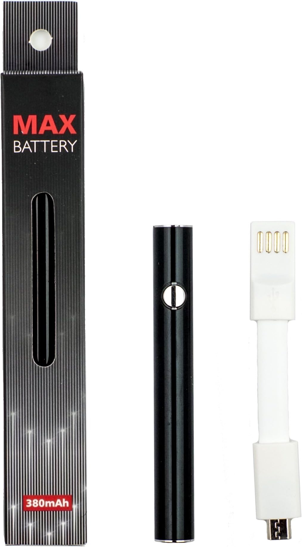 Max Battery 380mAh (510 Thread) Slimline Adjustable Voltage w/Preheat Function - Button Operated, Bottom Charge, 3 Power Settings, Best for CBD Oil and Thick Oils (Black)