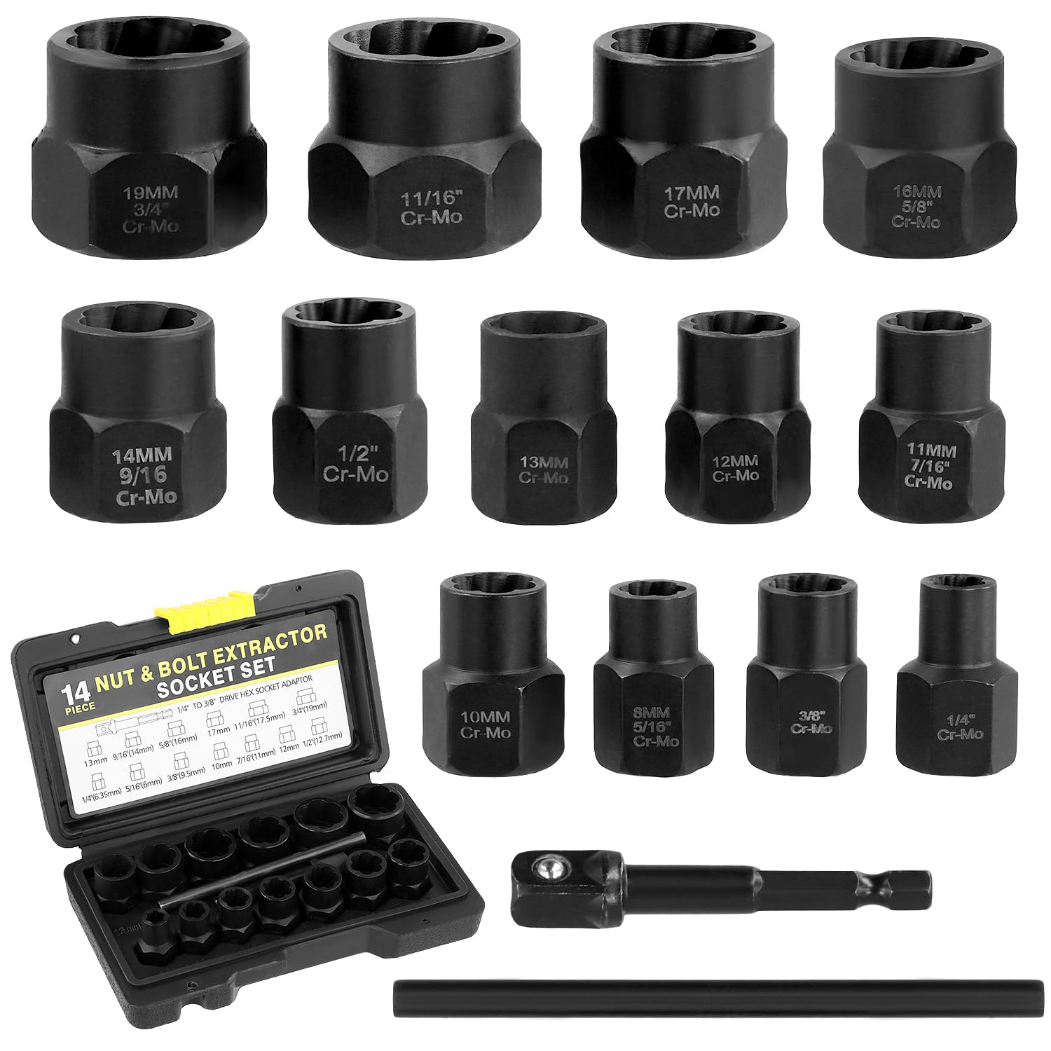 QWORK® Juego De 15 Extractores De Tornillos Y Tuercas – Para Pernos Oxidados O Dañados, Con Adaptador Y Caja De Almacenaje, Compatible Con Taladros Y Llaves De Impacto
