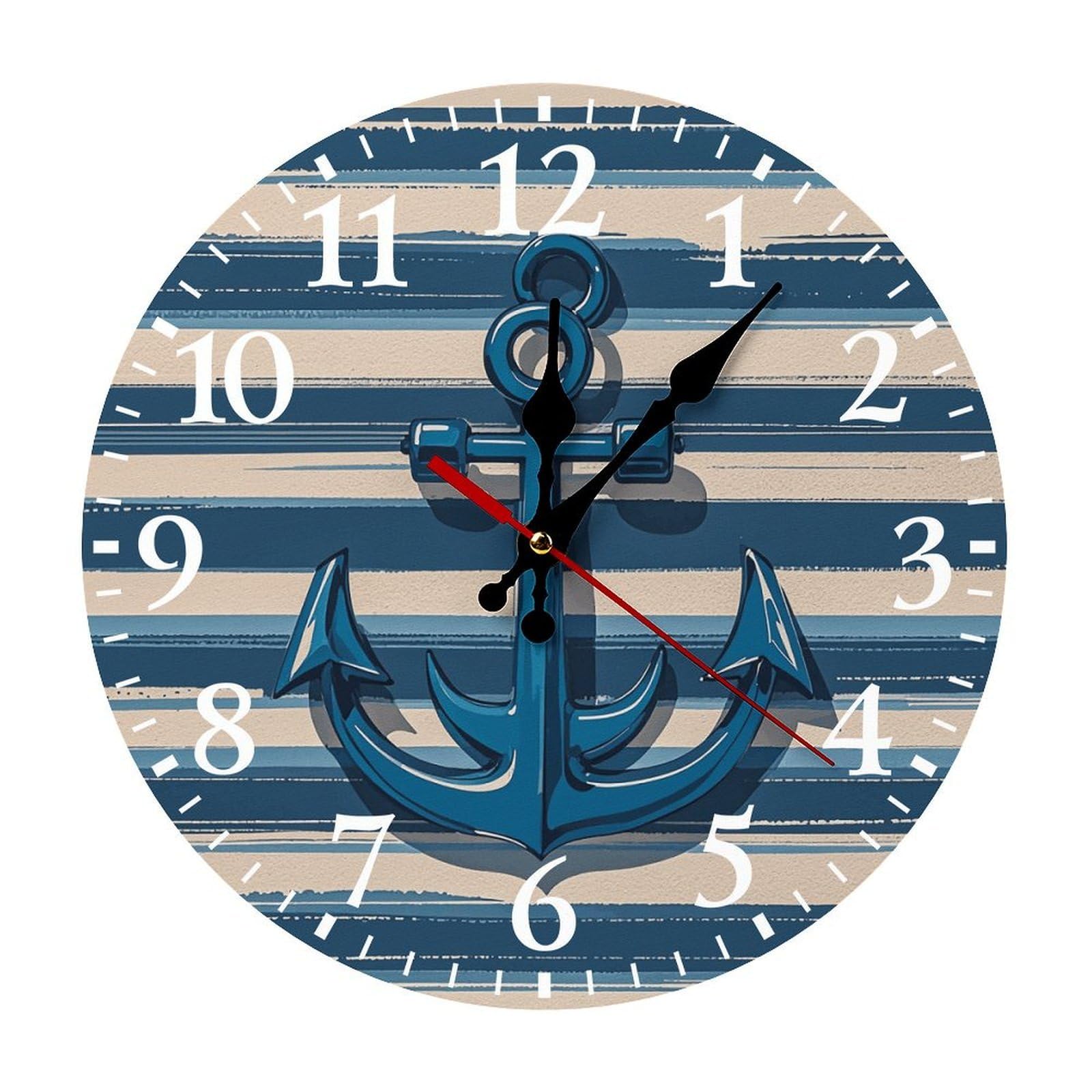 QMNLKH Anchor Wall Clock for Home, Battery Operated Clock for Hotel, Round Wall Clock with Arabic Numerals White, Easy to Read, Non-Ticking Clocks for Living Room 25 * 25cm