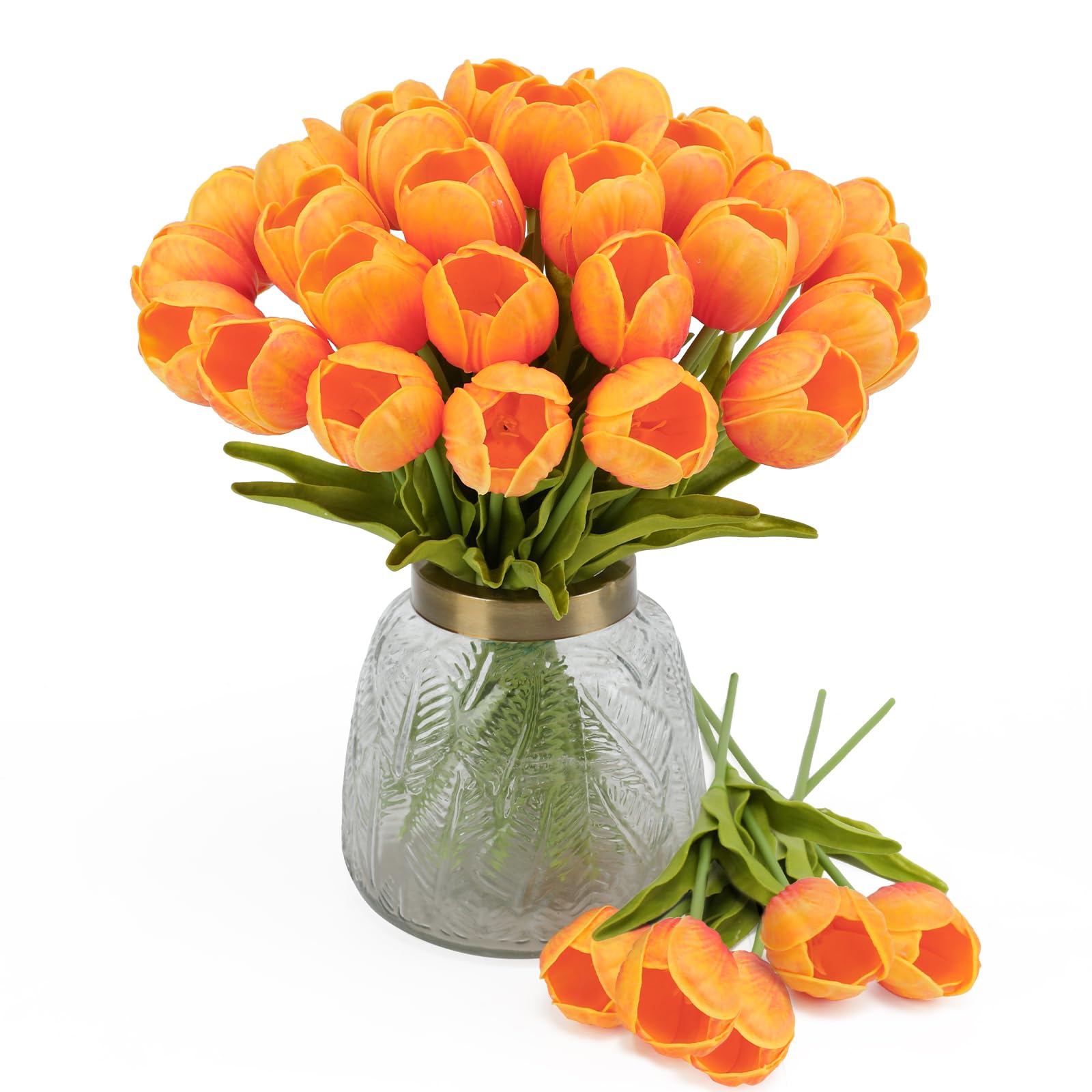 LUWENER 15 tulipanes falsos, flores artificiales de tulipán de látex, flores de tulipán sintético de tacto real para boda, hogar, hotel, fiesta, decoración y decoración de bricolaje (naranja)