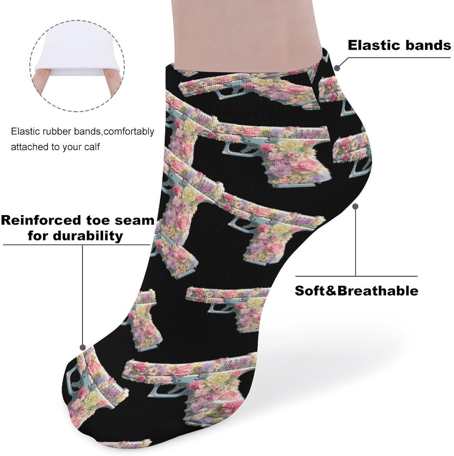 Flower Guns Floral No Show Ankle Socks Low Cut Non Slip Flat Boat Line 5 Pairs Set