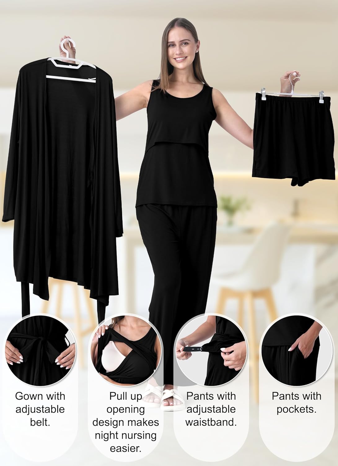 Rnxrbb 4 PCS Nursing Pajamas Gown Set Postpartum Pajama Nightgown Breastfeeding Pj for Hospital Labor Delivery - Image 6