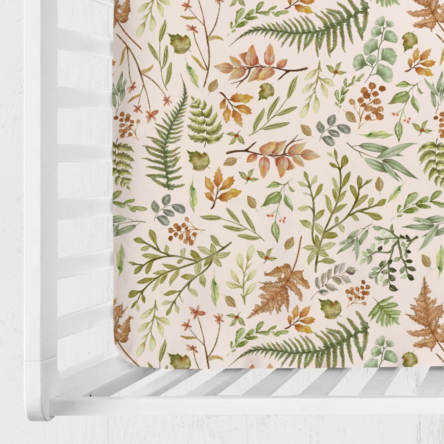 Autumn Ferns and Leaves Baby Crib Sheets 52''x28'' Fall Leaves Snug Fitted Crib Mattress Cover for Boy Girl Wild Plants Soft Nursery Baby Bed Sheet for for Standard Crib and Toddler Mattresses
