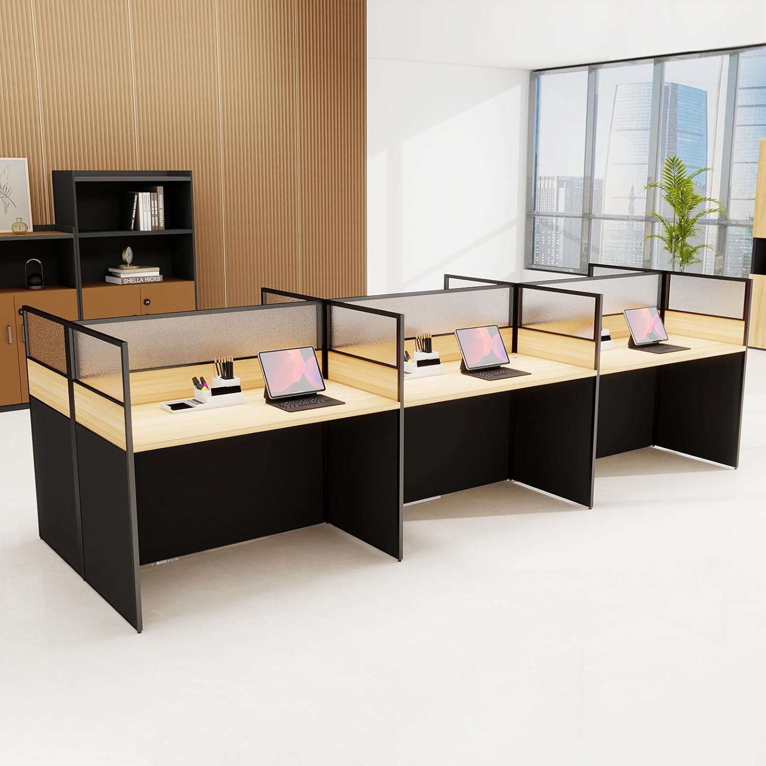 Office Cubicle Desks, Cubicle Desks Workstation with Mute Partitions & Cabinet, Office Cubicles Desk with Cable Management, Modular Computer Table for SOHO Home School(2P - Side By Side, With Cabinet)