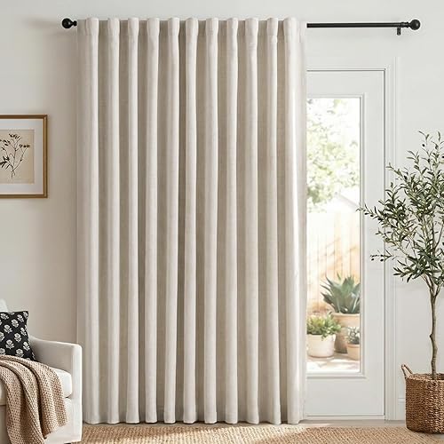 100% Blackout Shield Linen Blackout Sliding Door Curtains for Living Room, Back Tab/Rod Pocket Thermal Insulated Curtains for Sliding Glass Doors, 1