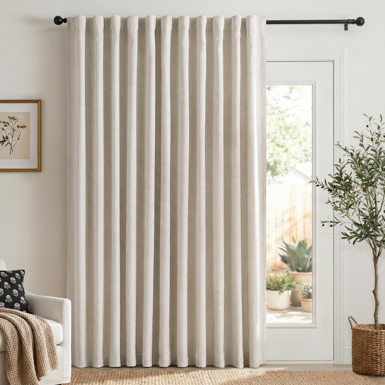 Photo 1 of 100% Blackout Shield Linen Blackout Curtains for Bedroom 96 Inches Long, Back Tab/Rod Pocket Living Room Drapes, Thermal Insulated Blackout Curtains 1 Panel Set, 100" W x 96" L, Cream