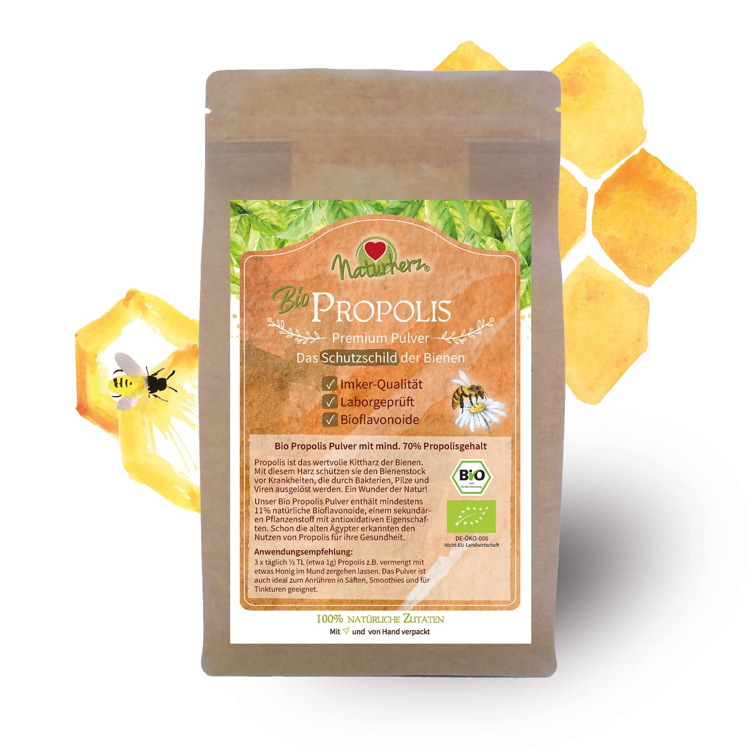 Propolis Pulver Premium BIO - Vitamine: A, B1, B2, B3 und Biotin - Ideal zur Herstellung von Salben, Tinkturen oder Cremes - Premium Lebensmittel-Qualität vom Imker (500 g)