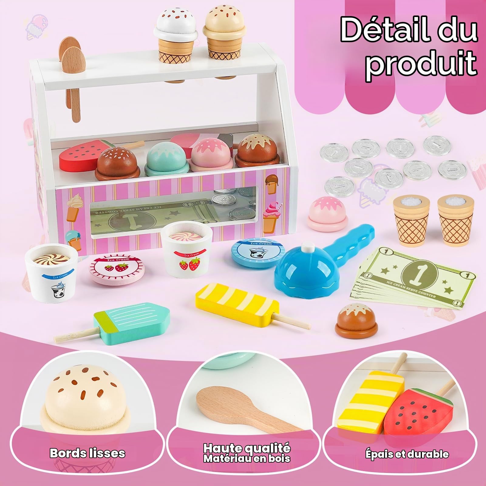 Dreamon Marchand de Glace, 38 Pièces Jouet en Bois Jouet Enfant 3 Ans, Jeu de Role Magasin Enfant Jouet Montessori Jouet Fille 3-12 Ans