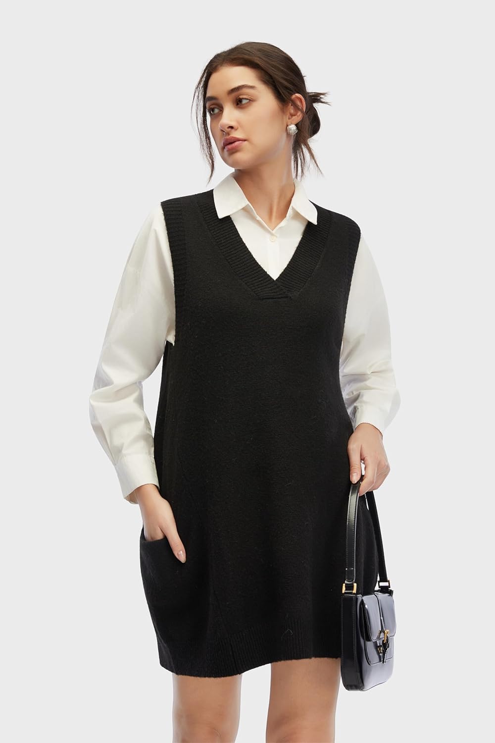 Womens Sweater Vest Dress with Pockets Casual Knitted Pullover Sweaters Fall 2025 V Neck Tank Sweater Dress - Image 4