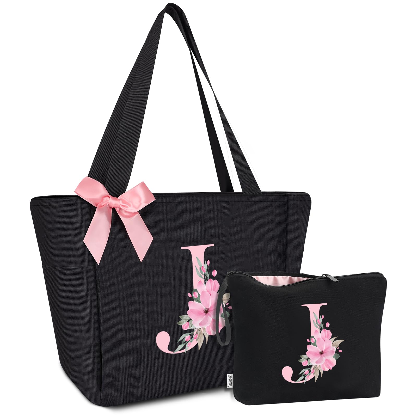 Vavabox Tote Bag, A-Z Initial Monogrammed Waterproof Tote Bag, Bridesmaid Gifts for Women, Black and Pink