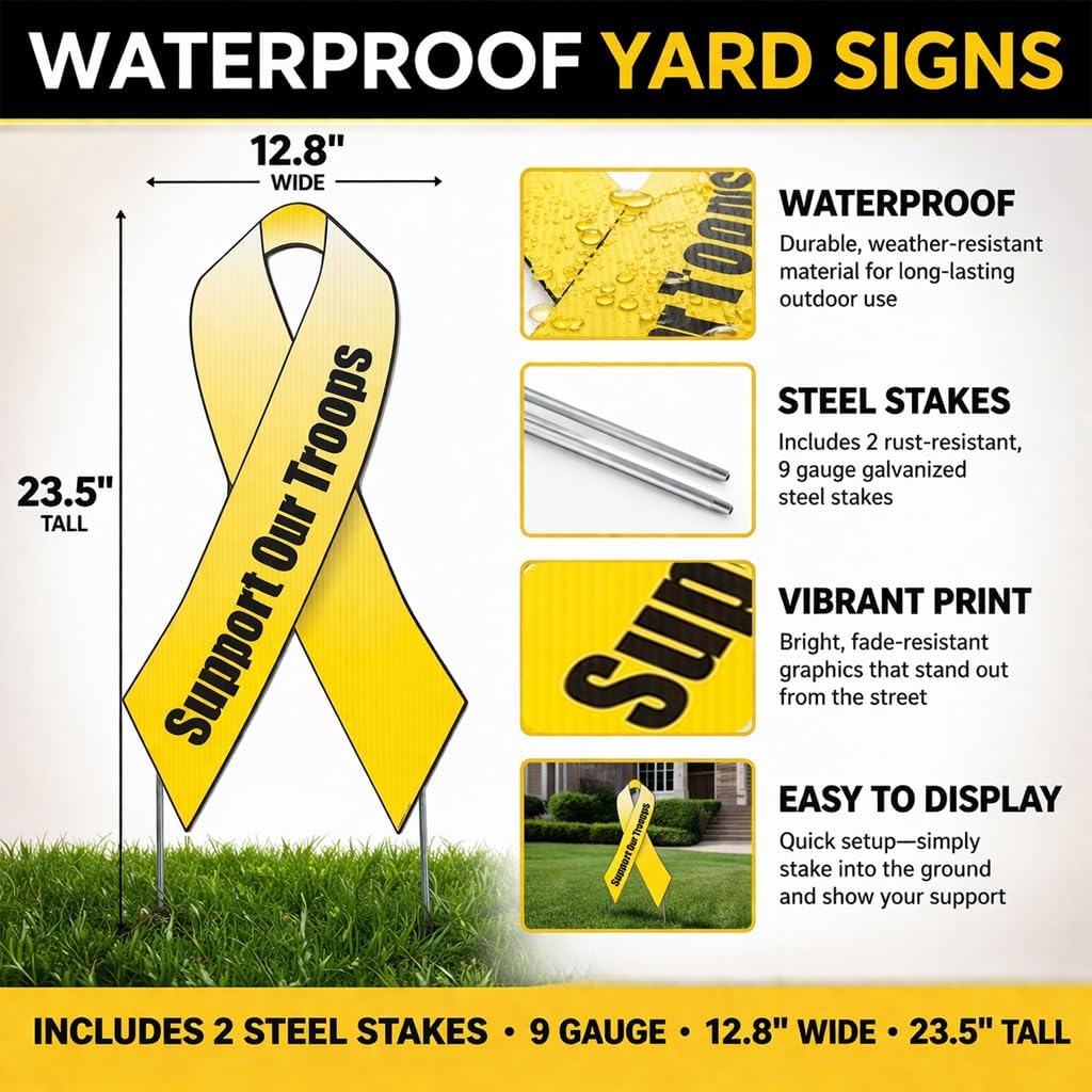 VictoryStore Support Our Troops Yellow Ribbon Yard Sign with stakes 12.8x23.5-inches (1)
