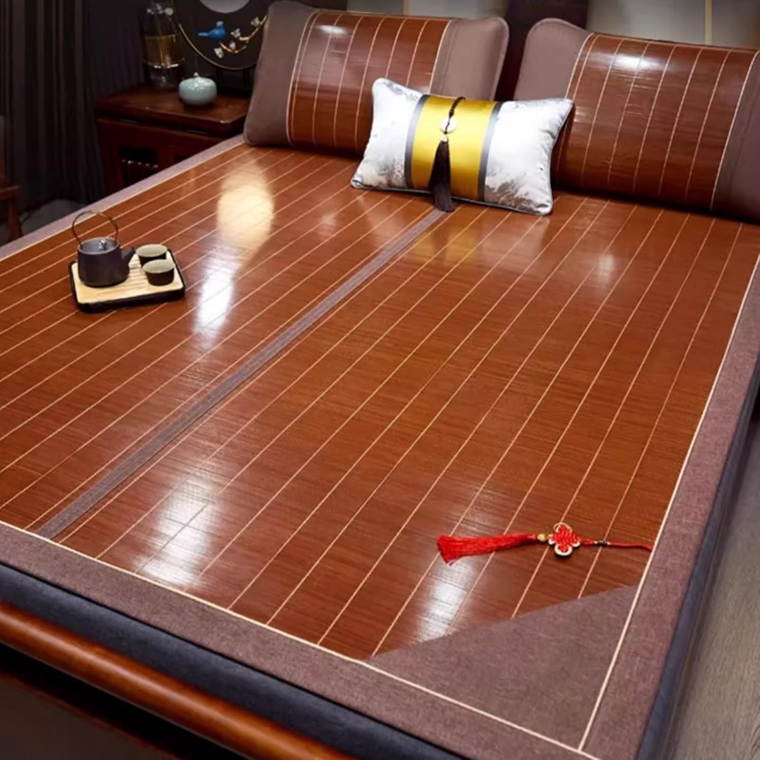 ベッド用バンブーマット、床用大人用スリープマット、折りたたみ式両面デザイン、ヨモギ蚊取りコーナーポケット付き、家庭用学校床用(120