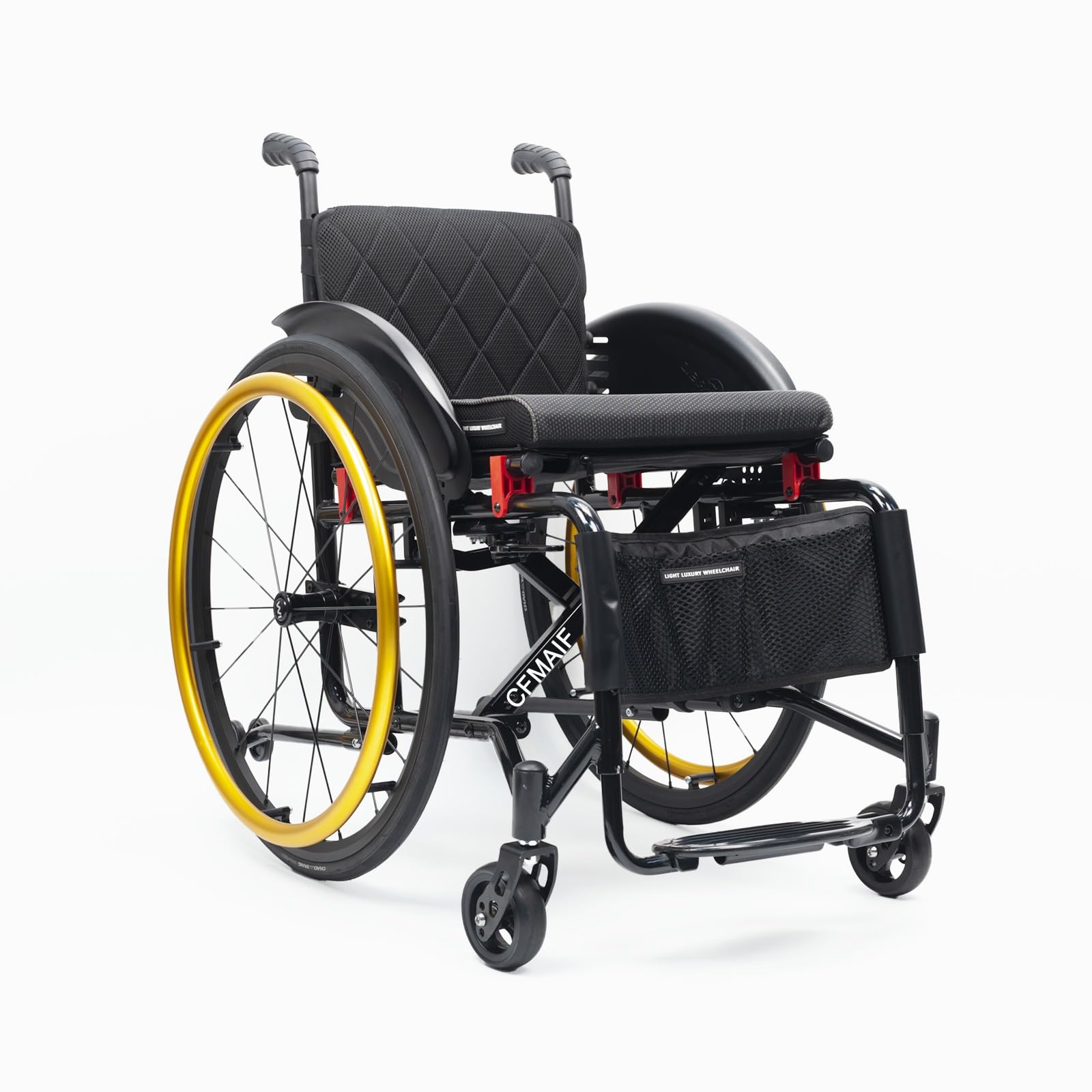 Silla de ruedas aluminio plegable,Ligera, Autopropulsable, para Adultos, Ruedas extracción con un botón, Cojín Grueso,Freno manual(Gold,42cm/16.5in Seat)