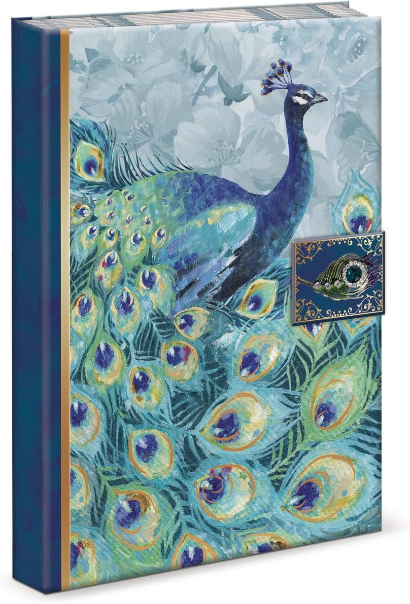 Journal with Brooch Embellishment and Magnetic Tab Closure, Emerald Peacock Design (46620)
