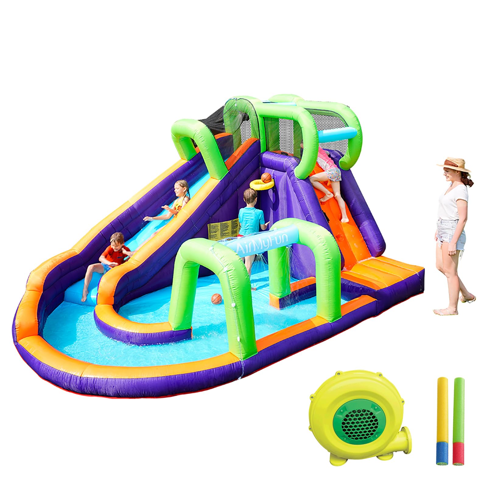 AirMyFun Water Slide Inflatable Bounce House for Kids Family Backyard with Blower Bouncy Castle Fun Doorway Tunnel, Climbing Wall, Long Saves Return Curve Slide and Ball Shooting