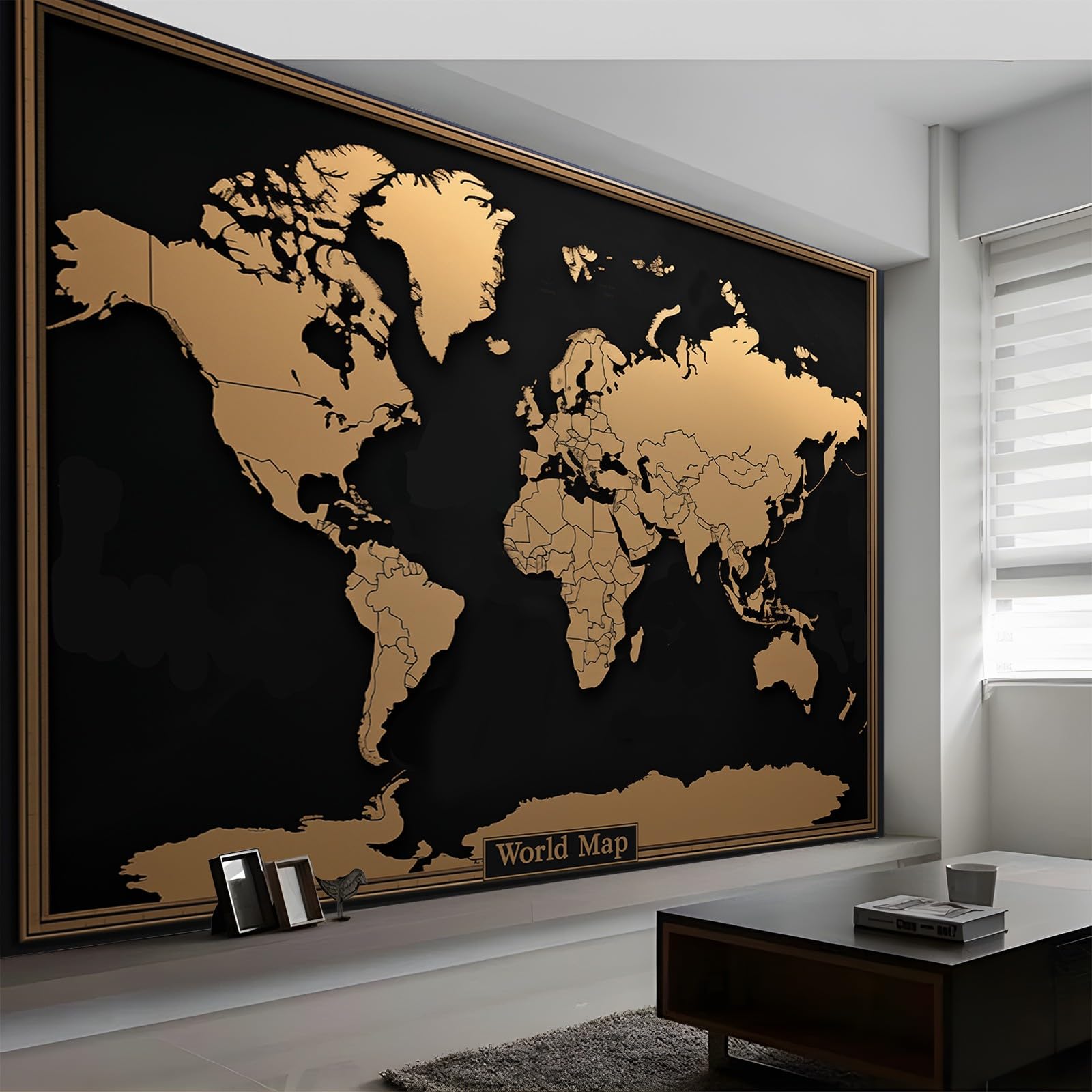 Papier Peint Intissé Photo Mural Carte du monde - Décoration Murale Toison pour Salon, Chambre à Coucher, Salle - Tableaux Tapisserie Photo - 300 x 210 cm Bordure noire