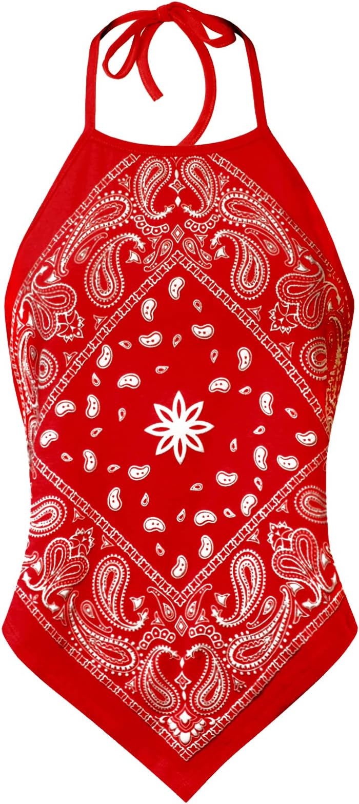 Women's Sexy Paisley Bandana Halter Top - Y2K Boho Backless Self-Tie Summer Crop Top Shirt