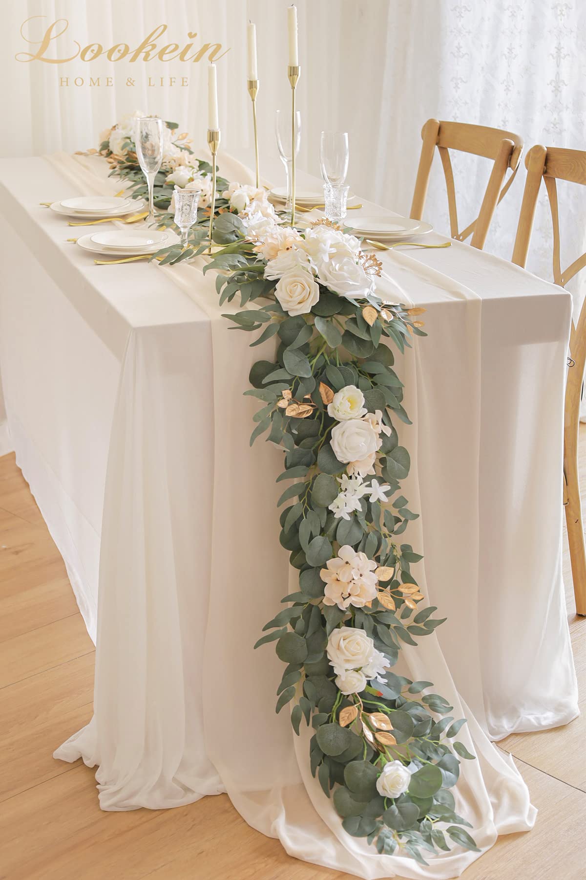 Lookein Blumengirlande, Eukalyptus-Girlande mit Blumen für Hochzeit, Tafelaufsätze für Probe, Abendessen, Brautparty, cremefarben, 1,8 m