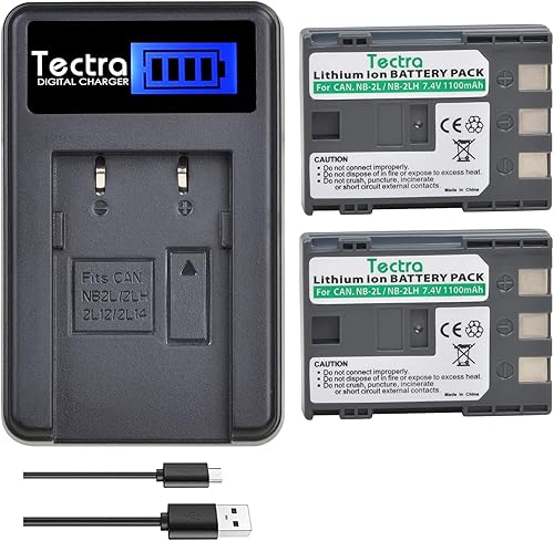Tectra Paquete de 2 baterías NB-2L NB-2LH + pantalla LCD rápida cargador USB para Canon PowerShot G7 G9 S30 S40 S45 S50 S60 S70 S80 DC410 DC420
