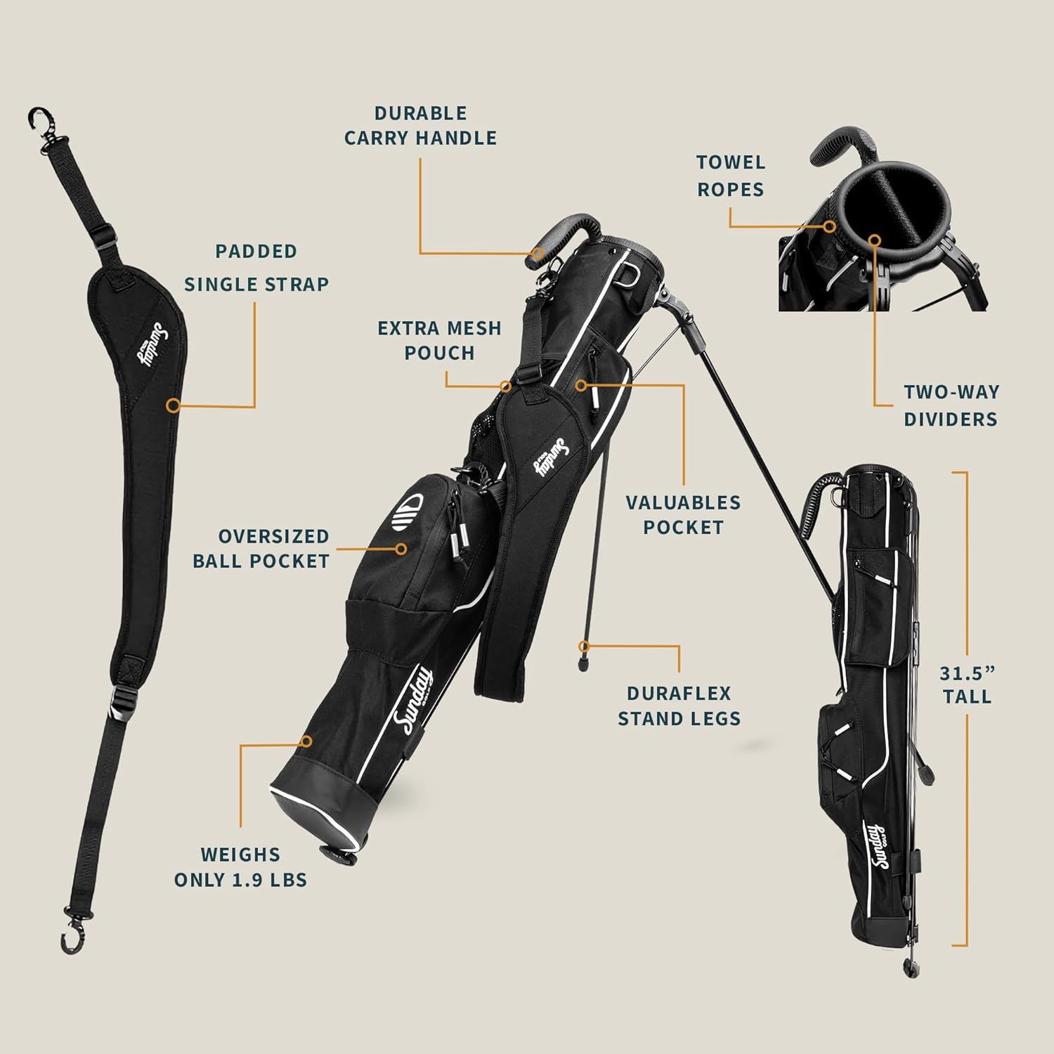 The Original Lightweight Sunday Golf Bag with Stand – Easy to Carry, Durable Pitch & Putt Bag for Driving Range, Par 3 & Executive Courses - Image 2