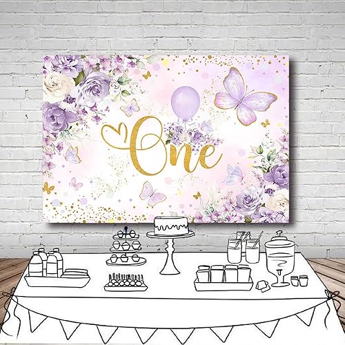 Miniatura 4 de MEHOFOND Telón de fondo de cumpleaños de un año para niñas de 7 x 5 pies, diseño floral morado, fondo de fotografía de Little Miss Onederful,