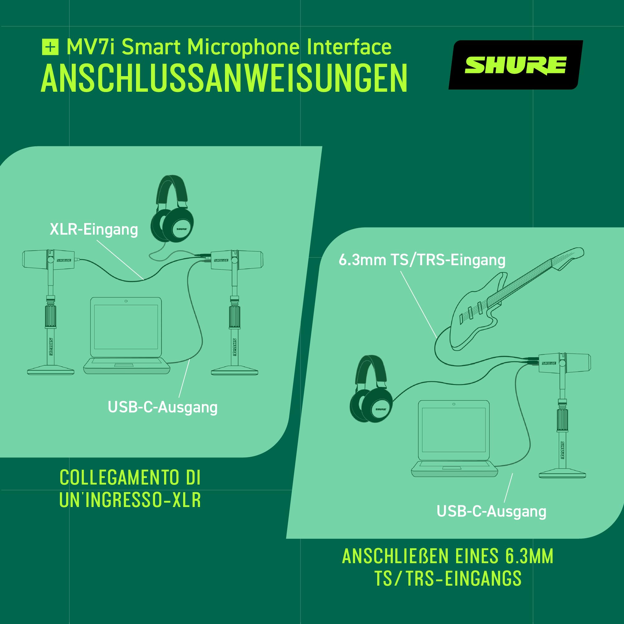 Shure MV7i Smart Podcast- und Mikronfon + integriertes Audio-Interface – Ausrüstungsbündel mit 2 Kanälen für Dual-XLR-Mikrofone oder Mikrofon + XLR-Instrumente - Direkte USB-C-Verbindung zu PC/Telefon