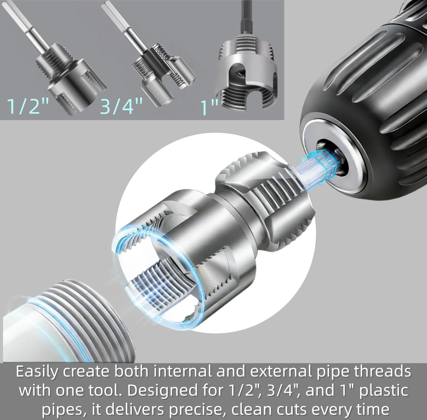 3Pcs PVC Pipe Threader Kit Integrated Internal & External Pipe Threading Tool, for 1/2", 3/4", 1" Sizes PVC Pipes, Electric Drill Compatible Pipe Threader Kit, Compatible for Home Repair