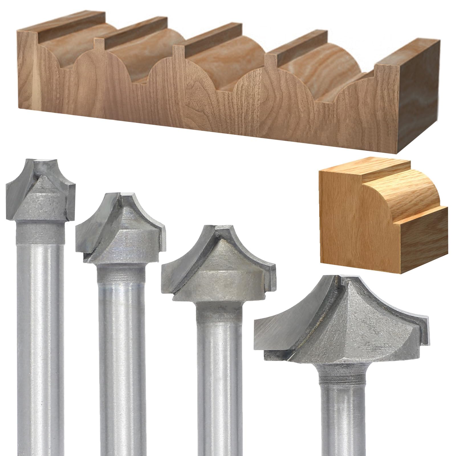 Akylin4pcs Ovolo Plunge Router Bit Set,1/4" Shank,Radius 1/8",1/4",5/16" and 1/2",Carbide Tips Flat Bottom Roundover Cutters for Wood Grooving,Profiling