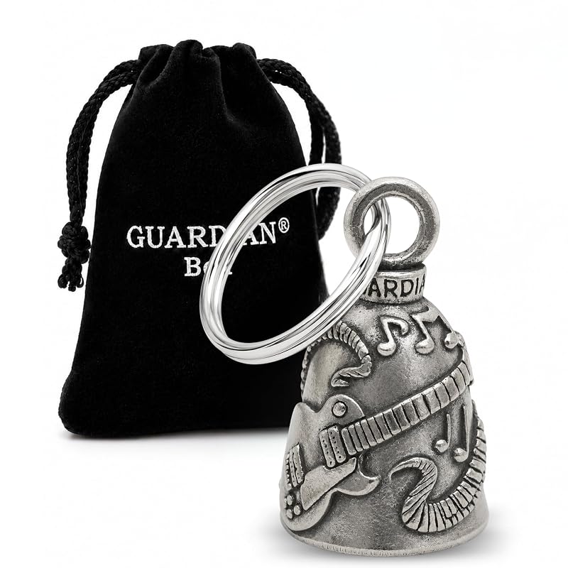 Sino para motocicleta Guardian Bell em pewter sem chumbo, formato de guitarra, com chaveiro e bolsa de veludo preta, prata, 1 unidade