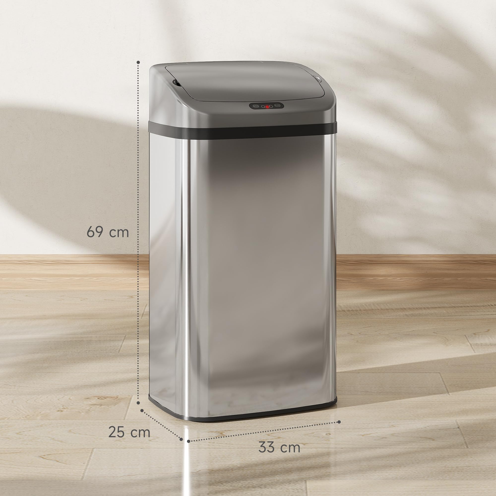 HOMCOM Sensor Mülleimer 48L Edelstahl Automatischer Mülleimer Silber | Mit Bewegungssensor, Fingerabdruckresistente Abfalleimer Abfallbehälter Müllbehälter, für Büro, Schlafzimmer, Küchen
