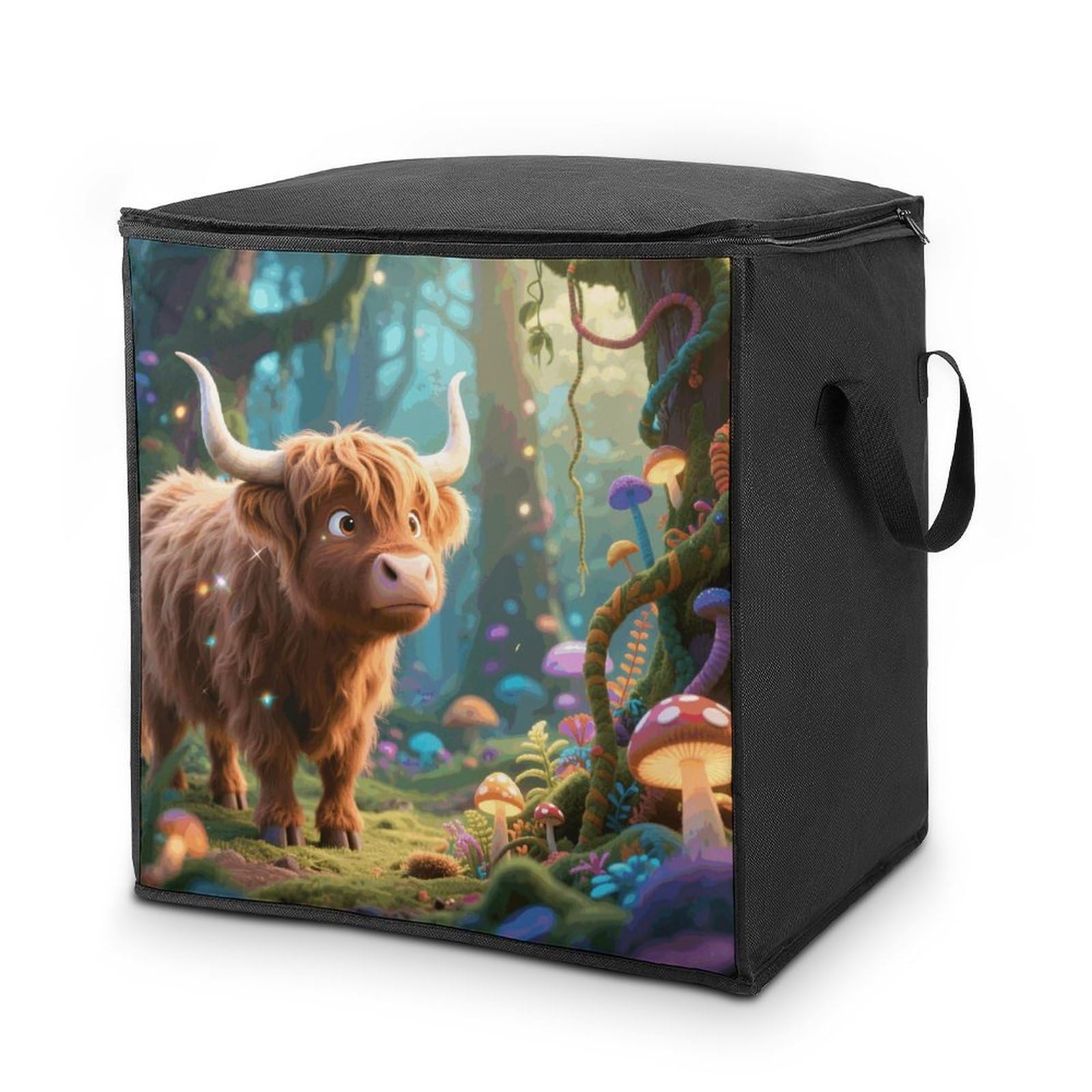 Cute Highland Cow Large Storage Bags with Zippered Storage Organizers Bag Clothes Storages Bins with Lids Foldable Storages Containers with Reinforced Handles for Blanket Bedding