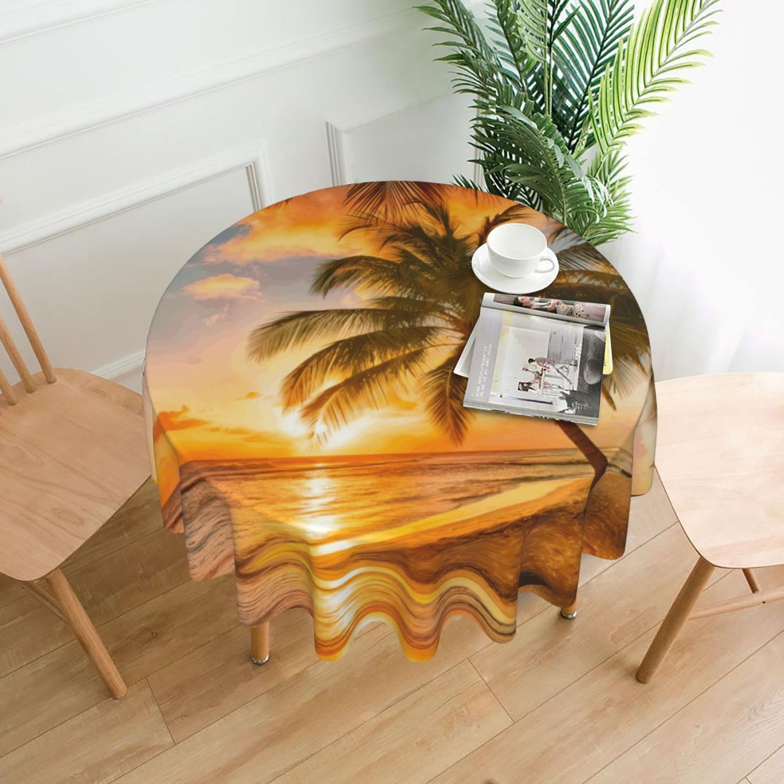 HLSBSSL Tropical Beach Palm Tree Sunset Printed round decorative tablecloth, 60 inches, suitable for various tables in the living room, dining room, coffee table, etc.