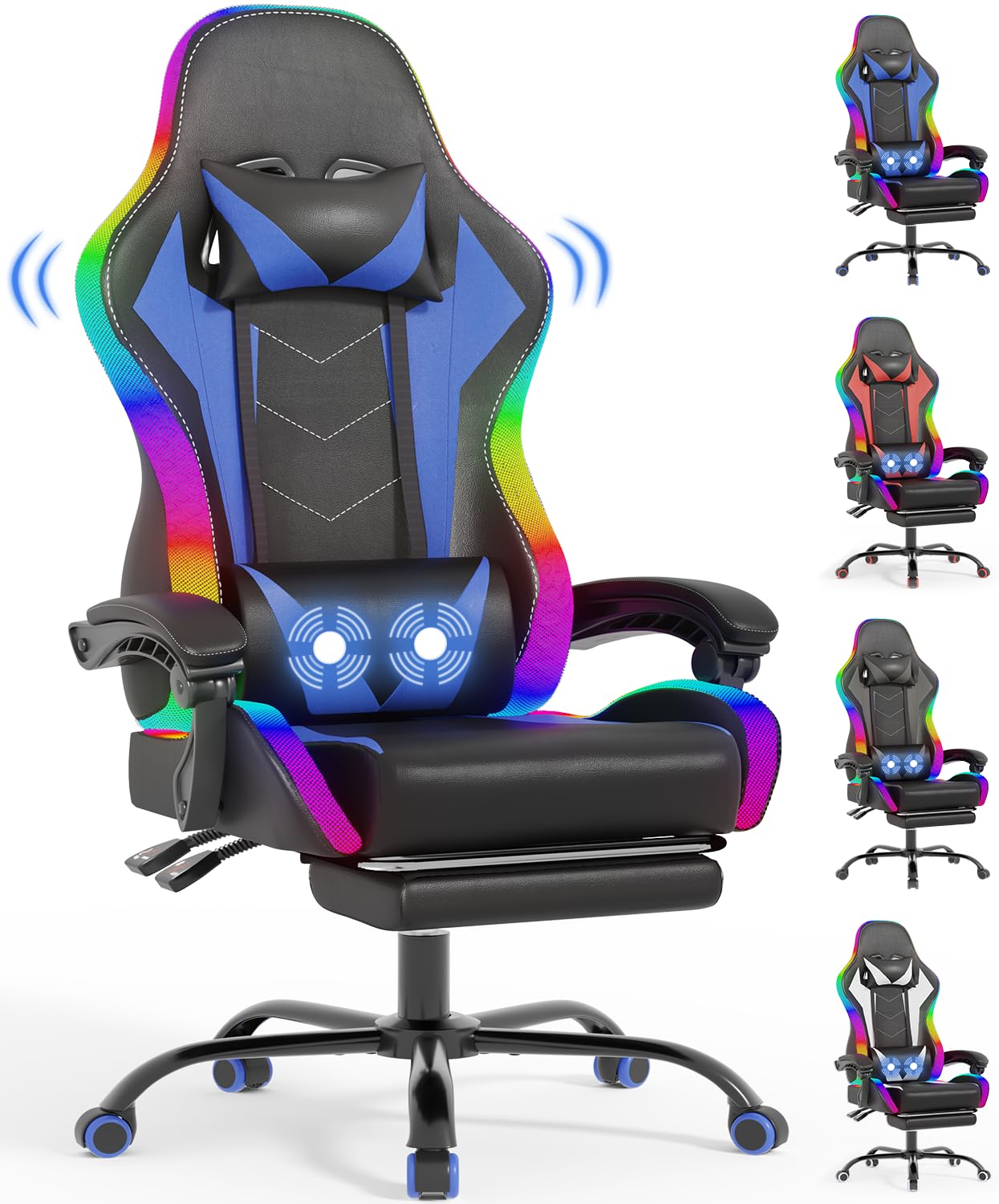 Devoko Silla Gaming con Masajeador y LED, Silla de Oficina Ergonómica con Reposapiés, Sillas Gaming para Oficina y Juegos con Iluminación RGB（Azul）