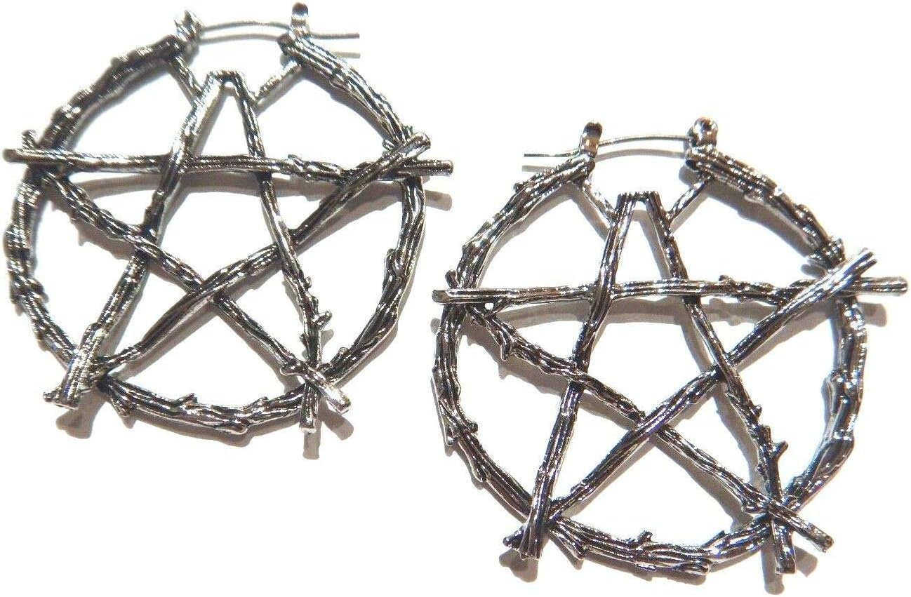 Pentagram of Branches Earrings large gunmetal hoop ear hangers pentacle Wiccan witch magic occult