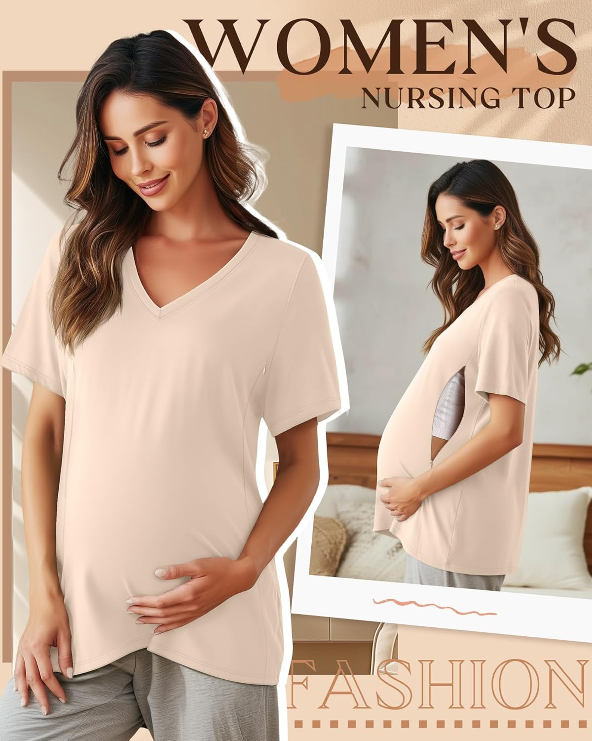 Women's Nursing Breastfeeding Shirts with Hidden Zipper Maternity V Neck Short Sleeve Tops Loose Pregnancy Tees - Image 4