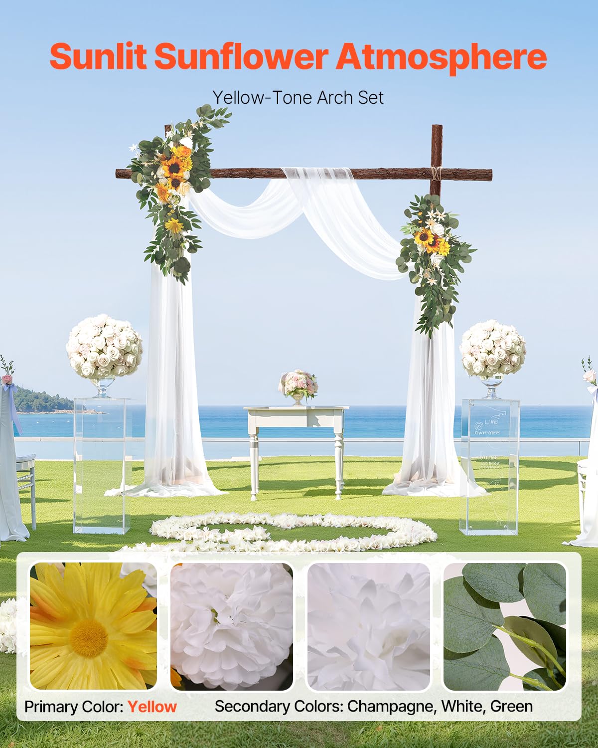 VEVOR Kit di Fiori Artificiali per Arco Nuziale, Fiori Bianchi per Arco Nuziale con Kit di Tende, 2 Pezzi Composizione Floreale, 1 Pezzo Tende Trasparenti, per Bouquet Cerimonia Sfondo Ricevimento