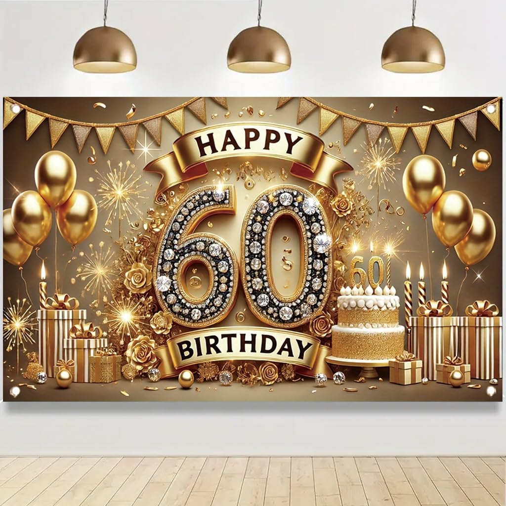 60th Birthday 71x43 Inch Banner for Party Decoration Gold Balloons Cake and GiftsElegant Celebration Decor for Women Men Indoor Outdoor