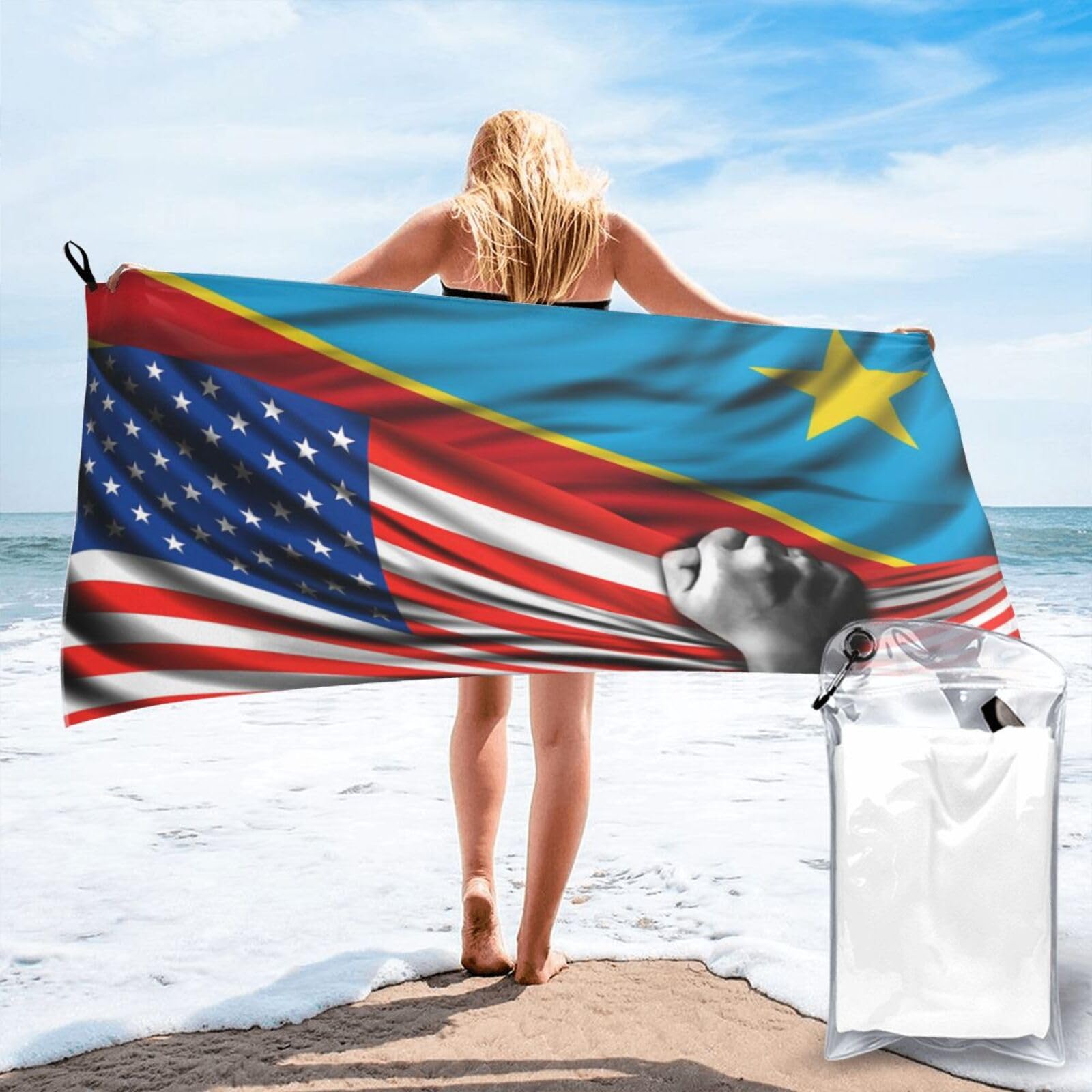 HACXZ Beach Towel America Flag and Congolese Congo Flag Microfiber Beach Towel Lightweight Absorbent 31.5"X63"