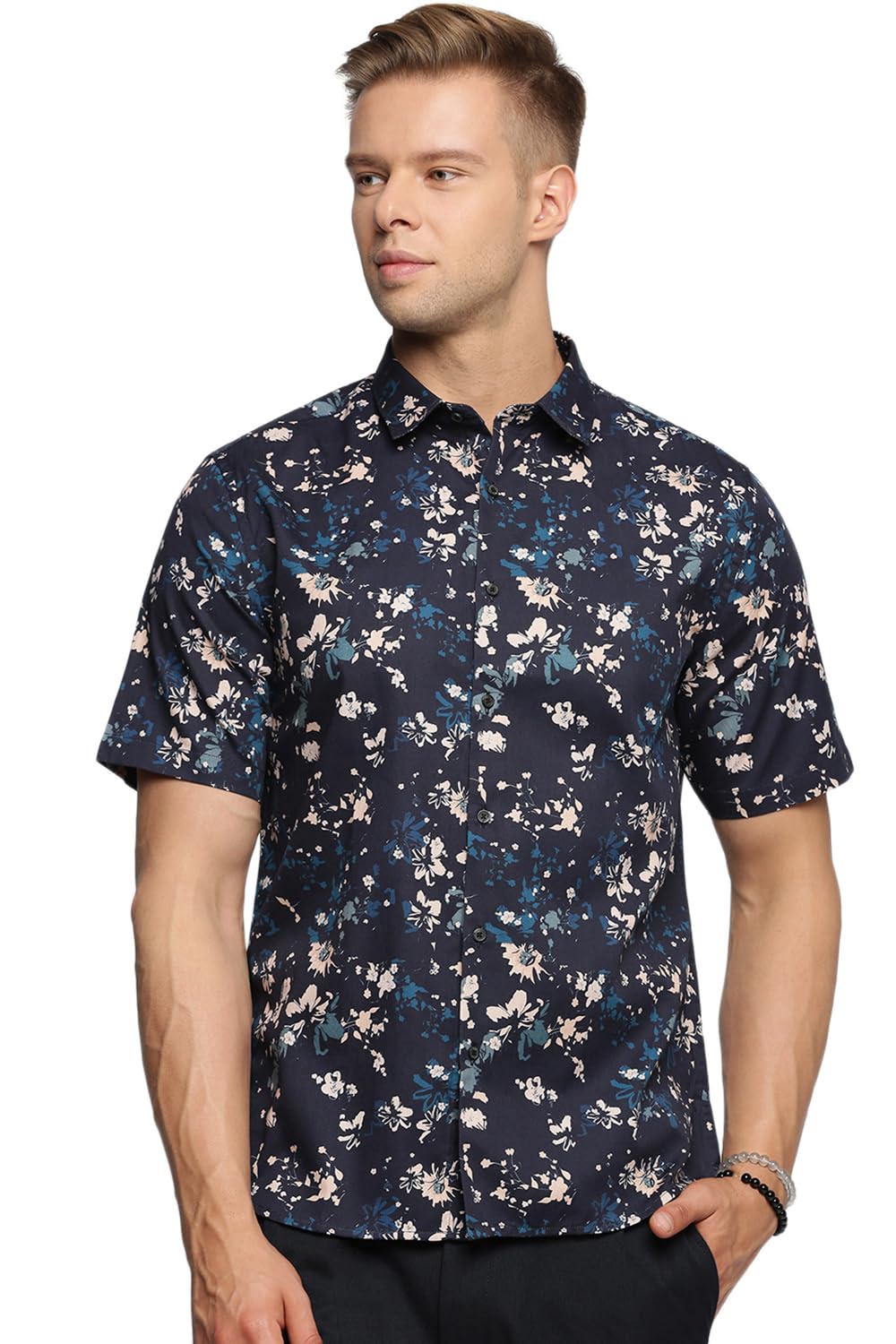 SHOWOFFMen's Short Sleeves Spread Collar Floral Navy Blue Slim Fit Shirt -Hiwaga-1969_NavyBlue