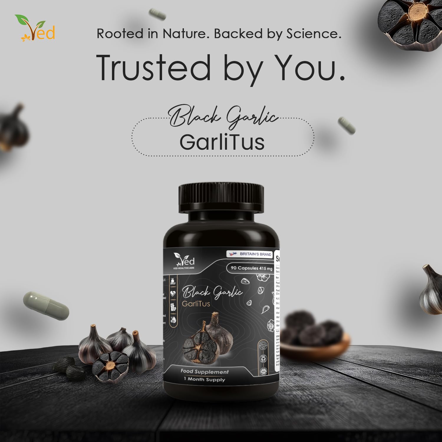 VED GarliTus, 90 Kapseln, fermentiertes und geruchloses Nahrungsergänzungsmittel mit schwarzem Knoblauch, Ceylon-Zimtrinde, ALA, Zink, Vitamin B6, B1, B9, gentechnikfrei, halal, 3 Kapseln pro Tag.
