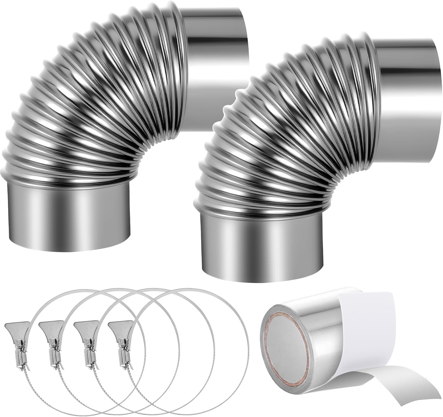 VEVOR 2 Pack Dryer Vent Elbow, 90 Degree Hose Connector Kit for 4 Inch Duct, Stainless Steel Vent Elbows with 4 Clamps and Aluminum Foil Tape, for HVAC Ducts, Pipes, and Ductworks at Tight Space